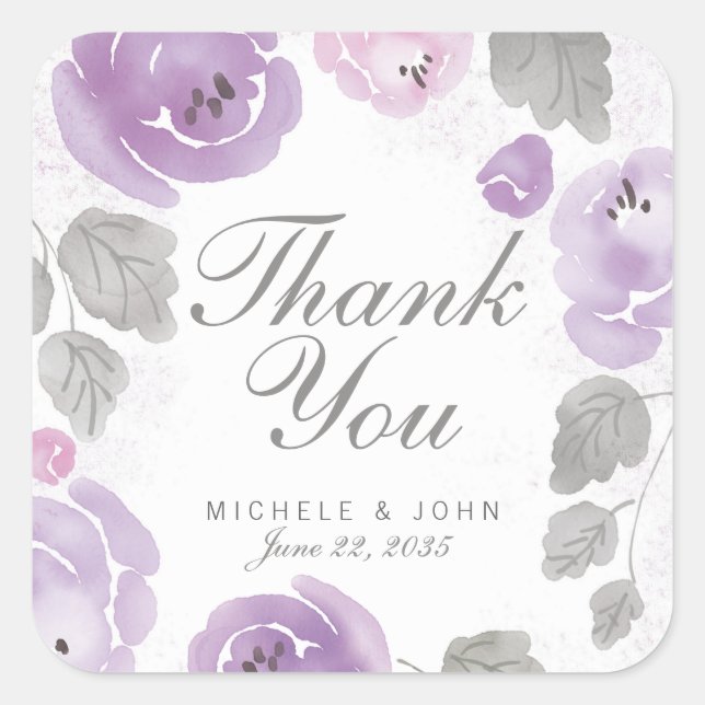Purple Watercolor Roses Thank You Favor Stickers (Front)