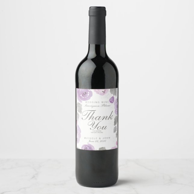 Purple Watercolor Roses Thank You Wine Label (Front)