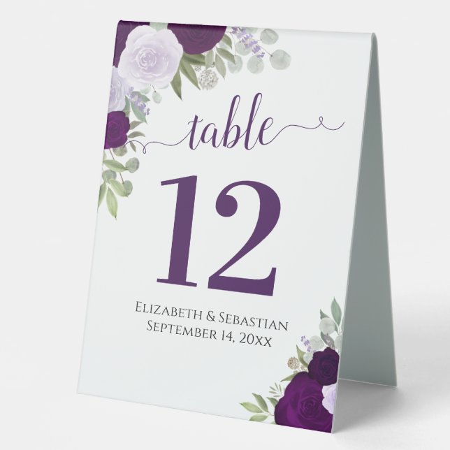 Purple Watercolor Roses Wedding Table Number Table Tent (Front)