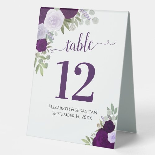 Purple Watercolor Roses Wedding Table Number Table Tent Sign