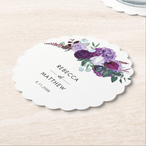 Purple  Watercolor Script Wedding Favor Floral Paper Coaster