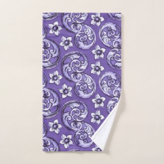 Purple Watercolor Scrolls and Flowers Hand Towel