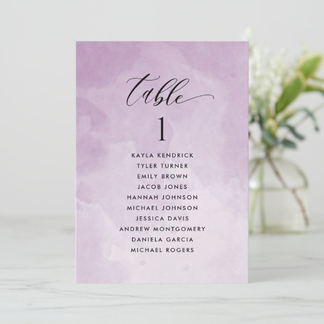 Purple Watercolor Seating Plan Card w/ Guest Names (Standing Front)