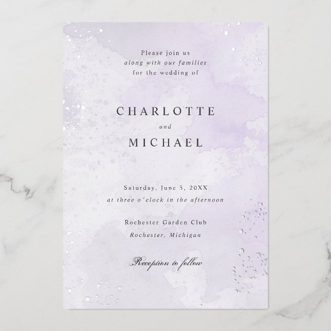 Purple watercolor silver foil wedding invitation (Front)