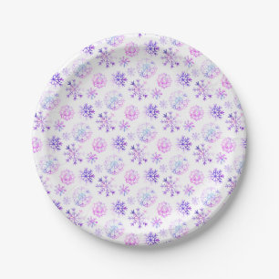 Purple Watercolor Snowflake Christmas Design Paper Plates