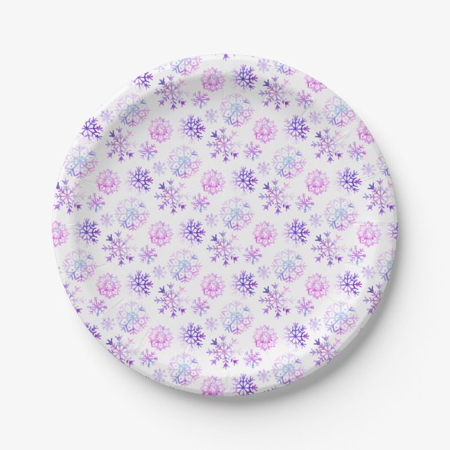 Purple Watercolor Snowflake Christmas Design Paper Plates (Front)