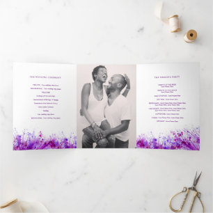 Purple watercolor splash art wreath wedding Tri-Fold program