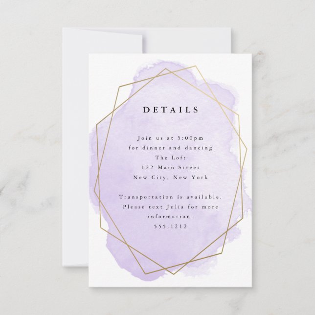 Purple Watercolor Splash Gold Frame Detail Card (Front)