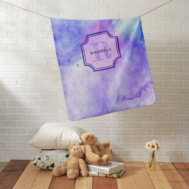 Purple Watercolor Splash | Initial Letter Monogram Baby Blanket (In Situ)