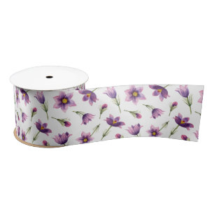 Purple Watercolor Spring Blooms Floral Pattern Satin Ribbon