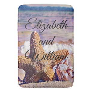 Purple Watercolor Starfish Seashells Painting Bath Mat