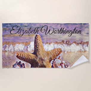 Purple Watercolor Starfish Seashells Painting Beach Towel