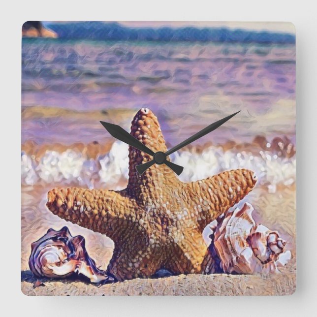 Purple Watercolor Starfish Seashells Painting  Lum Square Wall Clock (Front)