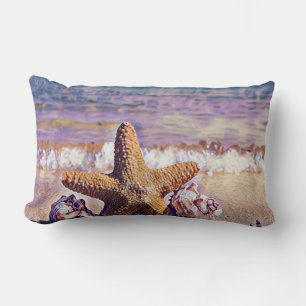Purple Watercolor Starfish Seashells Painting Lumbar Pillow