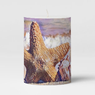 Purple Watercolor Starfish Seashells Painting Pillar Candle