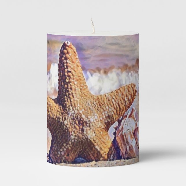 Purple Watercolor Starfish Seashells Painting Pillar Candle (Front)