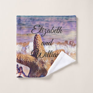 Purple Watercolor Starfish Seashells Painting Wash Cloth