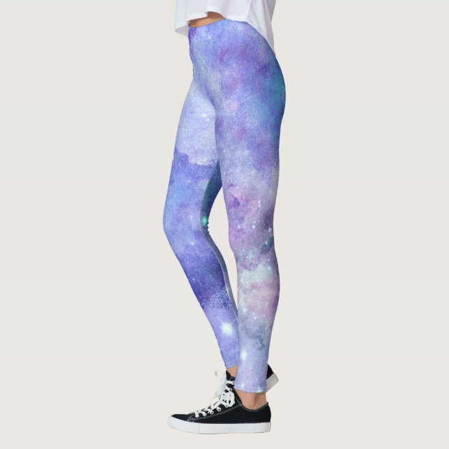 Purple Watercolor Starry Sky Space Lover Galaxy Leggings (Left)
