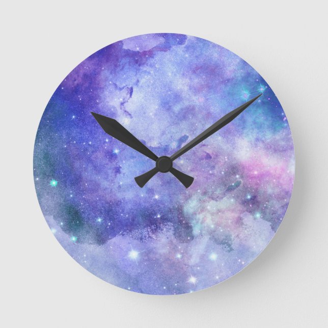 Purple Watercolor Starry Sky Space Lover Galaxy Round Clock (Front)