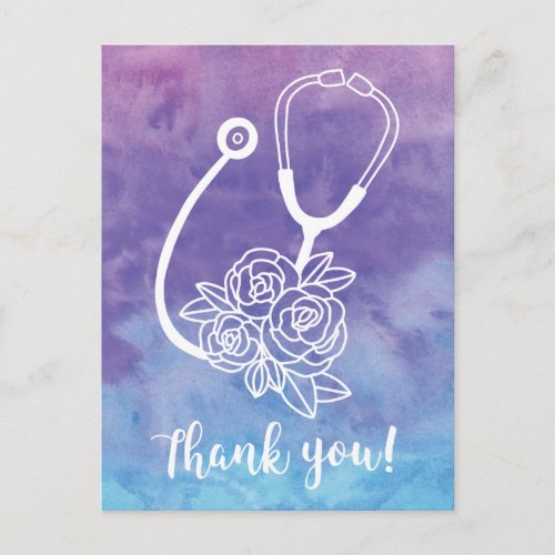 Purple Watercolor Stethoscope Doctor Thank You Postcard