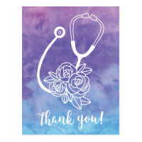 Purple Watercolor Stethoscope Doctor Thank You Postcard