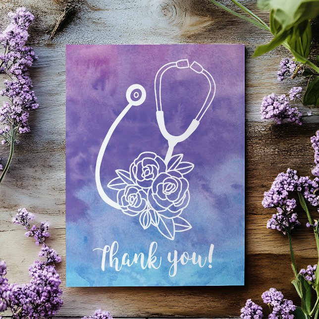 Purple Watercolor Stethoscope Doctor Thank You Postcard ( Show your appreciation to those who take such good care of you and your family. )