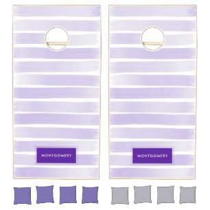 Purple Watercolor Stripe Personalized Name Cornhole Set