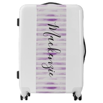 Purple Watercolor Stripes Monogram Luggage by sweetzoeshop at Zazzle