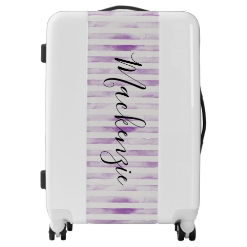 Purple Watercolor Stripes Monogram Luggage