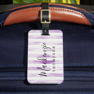 Purple Watercolor Stripes Monogram Luggage Tag