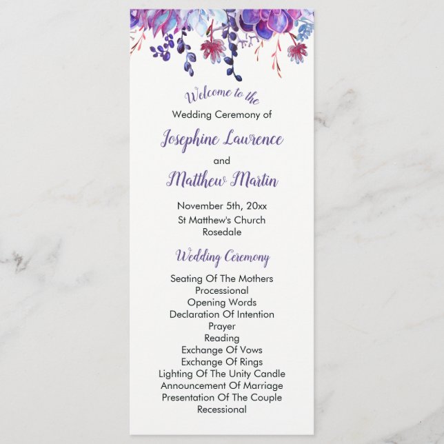 Purple Watercolor Succulent Wedding Programs (Front)