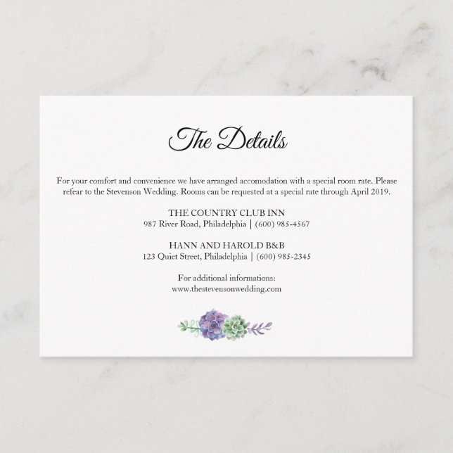 Purple watercolor succulents details wedding suite enclosure card (Front)