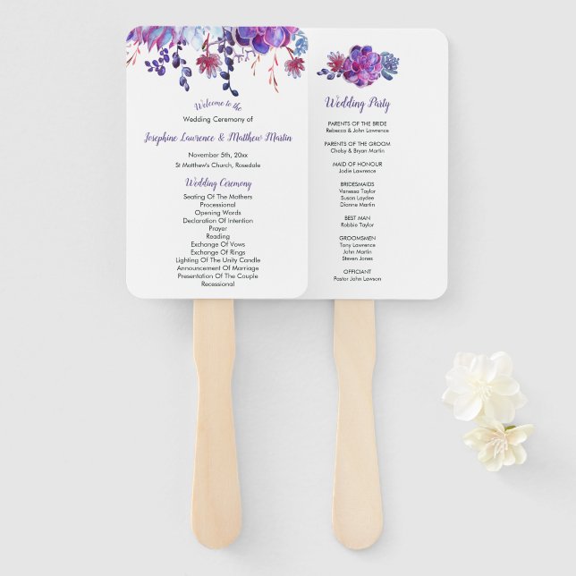 Purple Watercolor Succulents Wedding Programs Hand Fan (Front and Back)