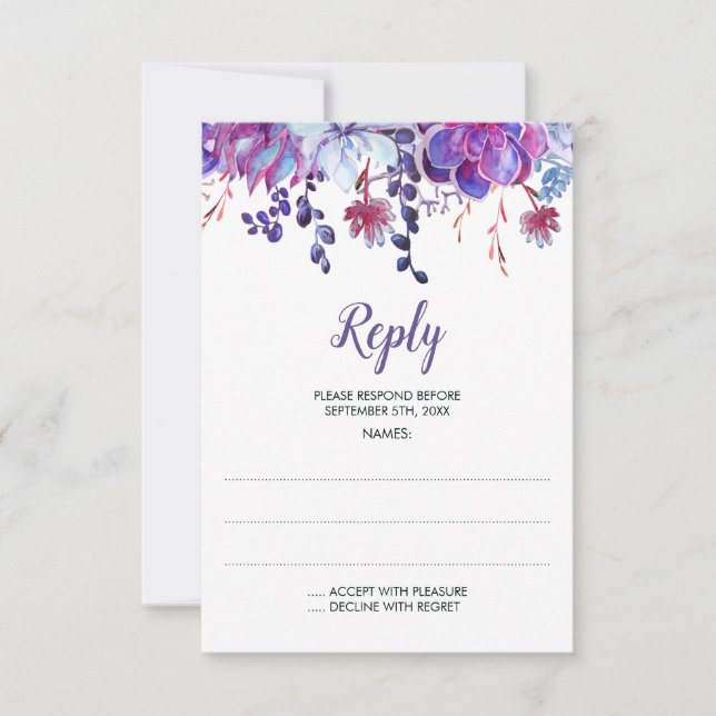 Purple Watercolor Succulents Wedding Reply Cards (Front)