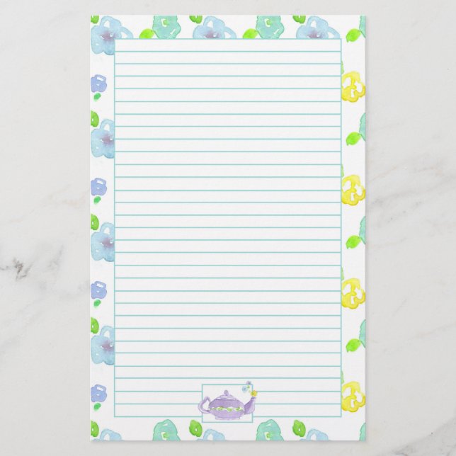 Purple Watercolor Teapot Lined Stationery (Front)