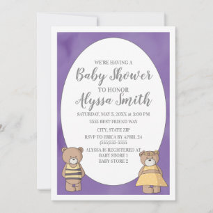 Purple Watercolor Teddy Bears Baby Shower Invitation