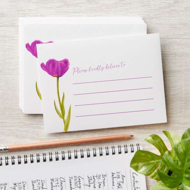 Purple watercolor tulip spring wedding envelope (Stacked)
