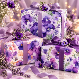 Purple Watercolor Violets Floral Elegant Wrapping Paper Sheets