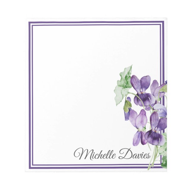 Purple Watercolor Violets Floral Name  Notepad (Front)