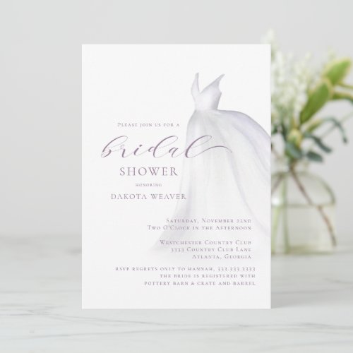 Purple Watercolor Wedding Dress Bridal Shower Invitation