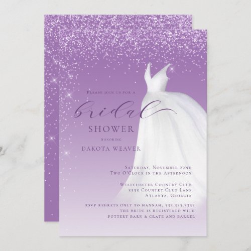Purple Watercolor Wedding Dress Bridal Shower Invitation