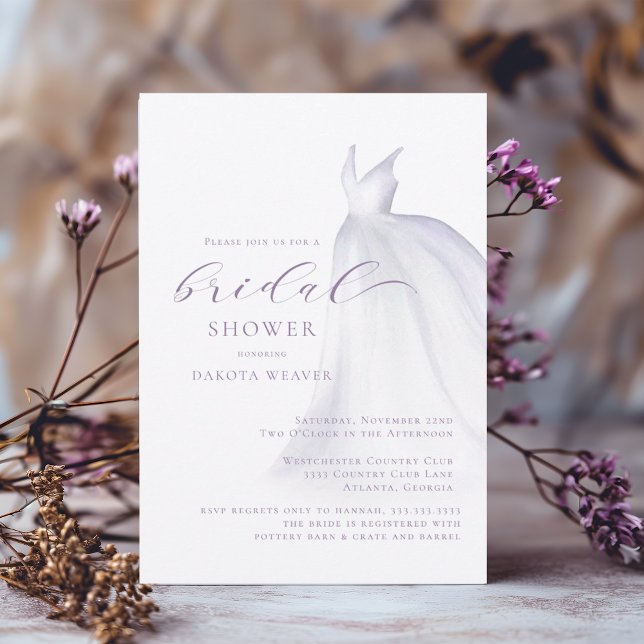 Purple Watercolor Wedding Dress Bridal Shower Invitation (Creator Uploaded)