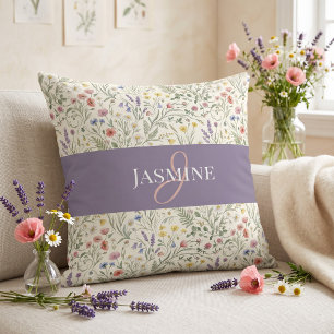 Purple Watercolor Wildflower Boho Monogram Name Throw Pillow
