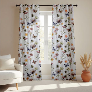 Purple Watercolor Wildflower Butterfly & Bee Blackout Curtains