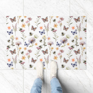 Purple Watercolor Wildflower Butterfly & Bee Doormat