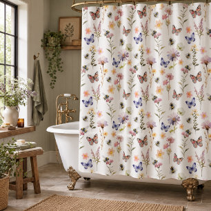 Purple Watercolor Wildflower Butterfly & Bee Shower Curtain
