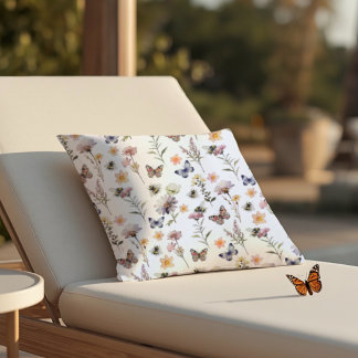 Purple Watercolor Wildflower Butterfly & Bee Throw Pillow