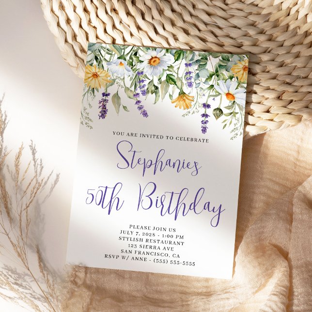 Purple Watercolor Wildflowers Birthday Invitation (Lavender purple floral birthday invitation.)