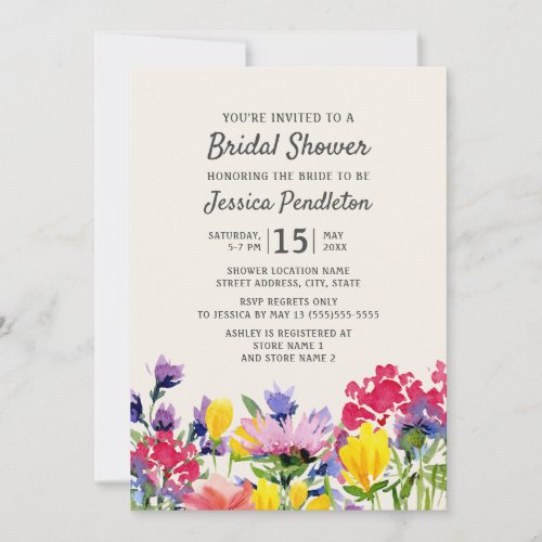 Purple Watercolor Wildflowers Floral Bridal Shower Invitation