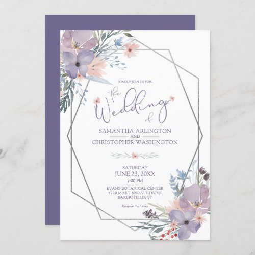 Purple Watercolor Wildflowers Geometric Wedding Invitation